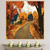 Charming Country Road in Autumn with Cozy Cottages and Foliage – Rustic Folk Art Landscape on Ready to Hang 1.5" Thick Canvas Wrap, Floating Framed Canvas, Flat Rolled Canvas